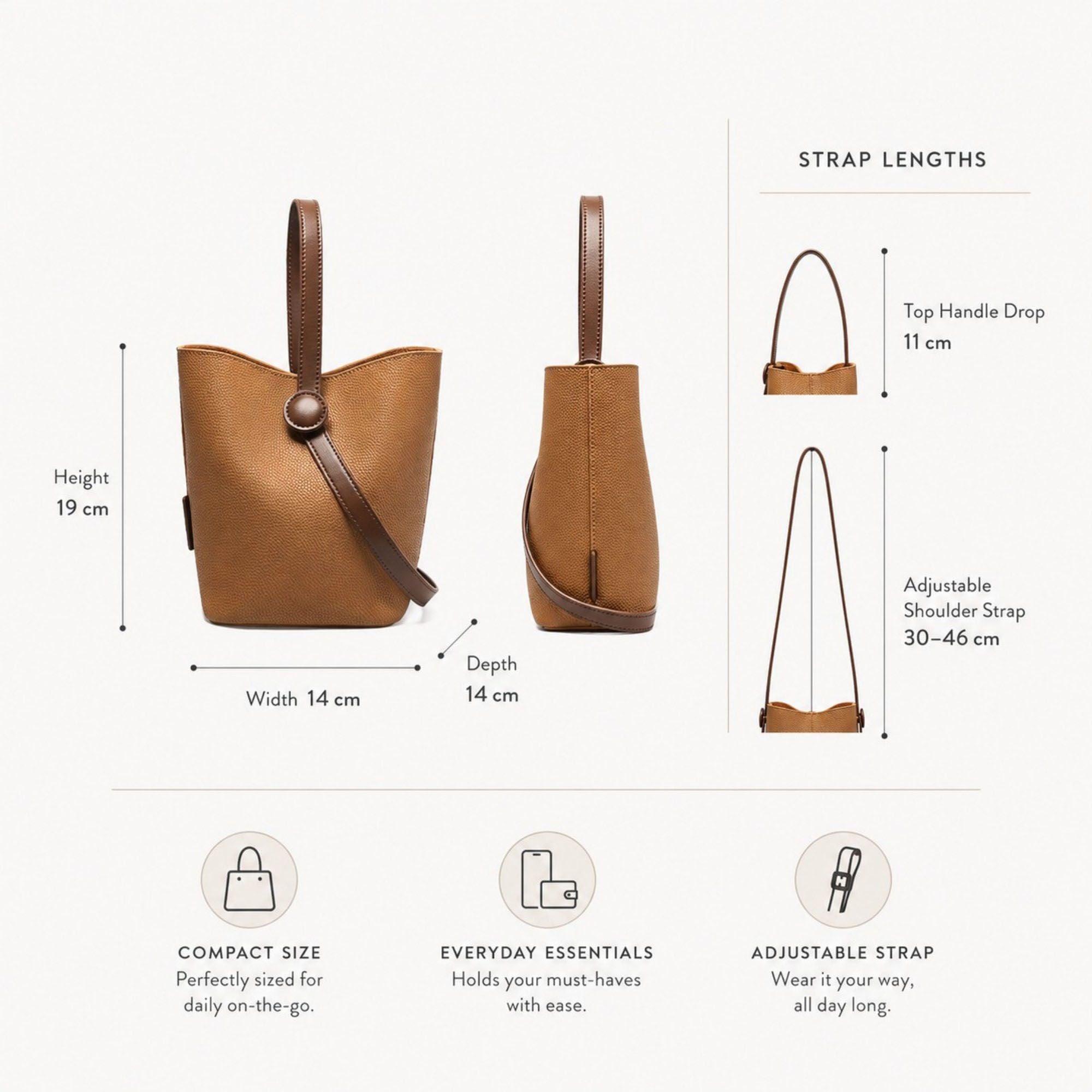 Bucket Crossbody Bag with Top Handle Adjustable Strap and Pebbled Texture