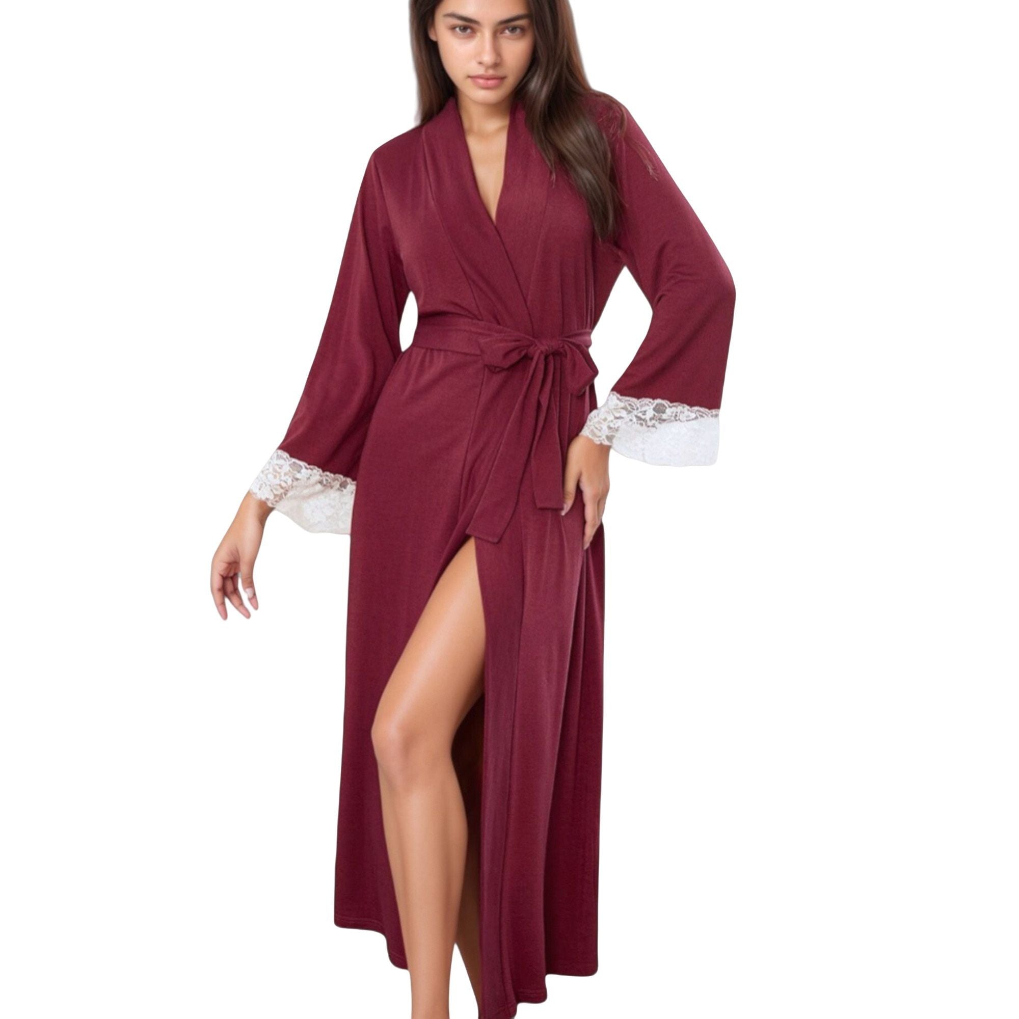 Anna-Kaci Lounge Women's Long Wrap Robe with Waist Tie and Contrast Lace Trim Sleeves
