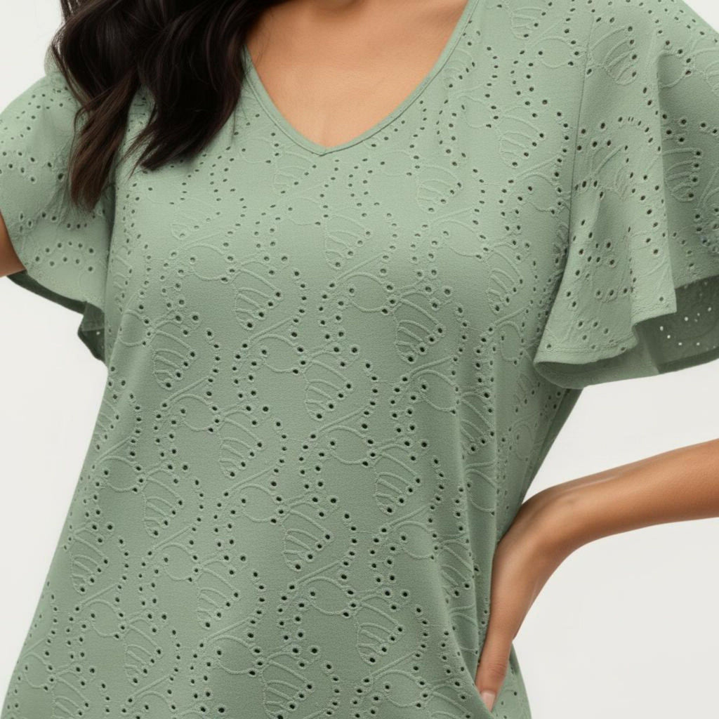 Anna-Kaci Women's Short Sleeve Eyelet V-Neck Top with Floral Embroidery and Flutter Sleeves