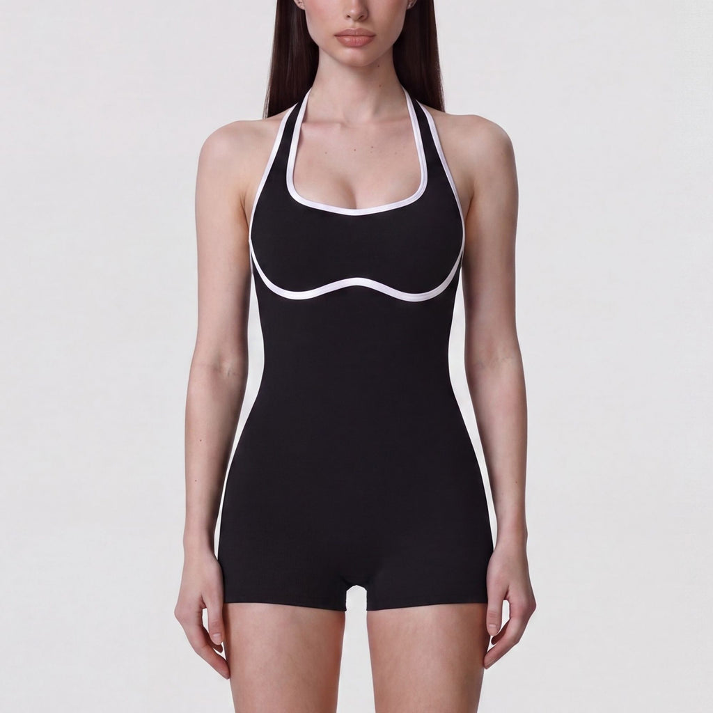 Sleeveless Active Romper with Built In Bra Halter Neck Contrast Trim and Fitted Shorts
