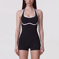 Sleeveless Active Romper with Built In Bra Halter Neck Contrast Trim and Fitted Shorts