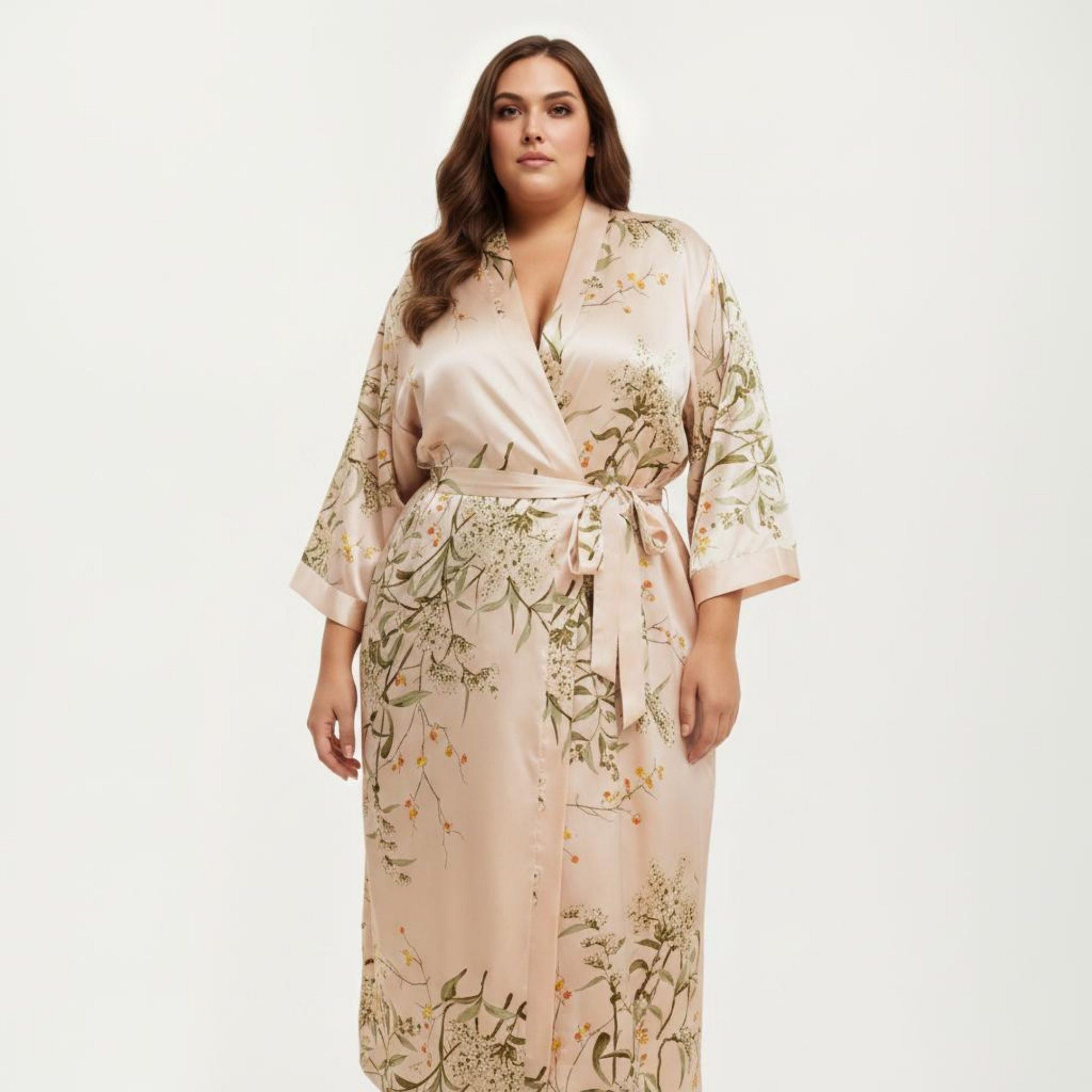 Anna-Kaci Lounge Women's Plus Size Satin Floral Kimono Robe with Self Tie Belt Longline Open Front Lightweight Sleepwear