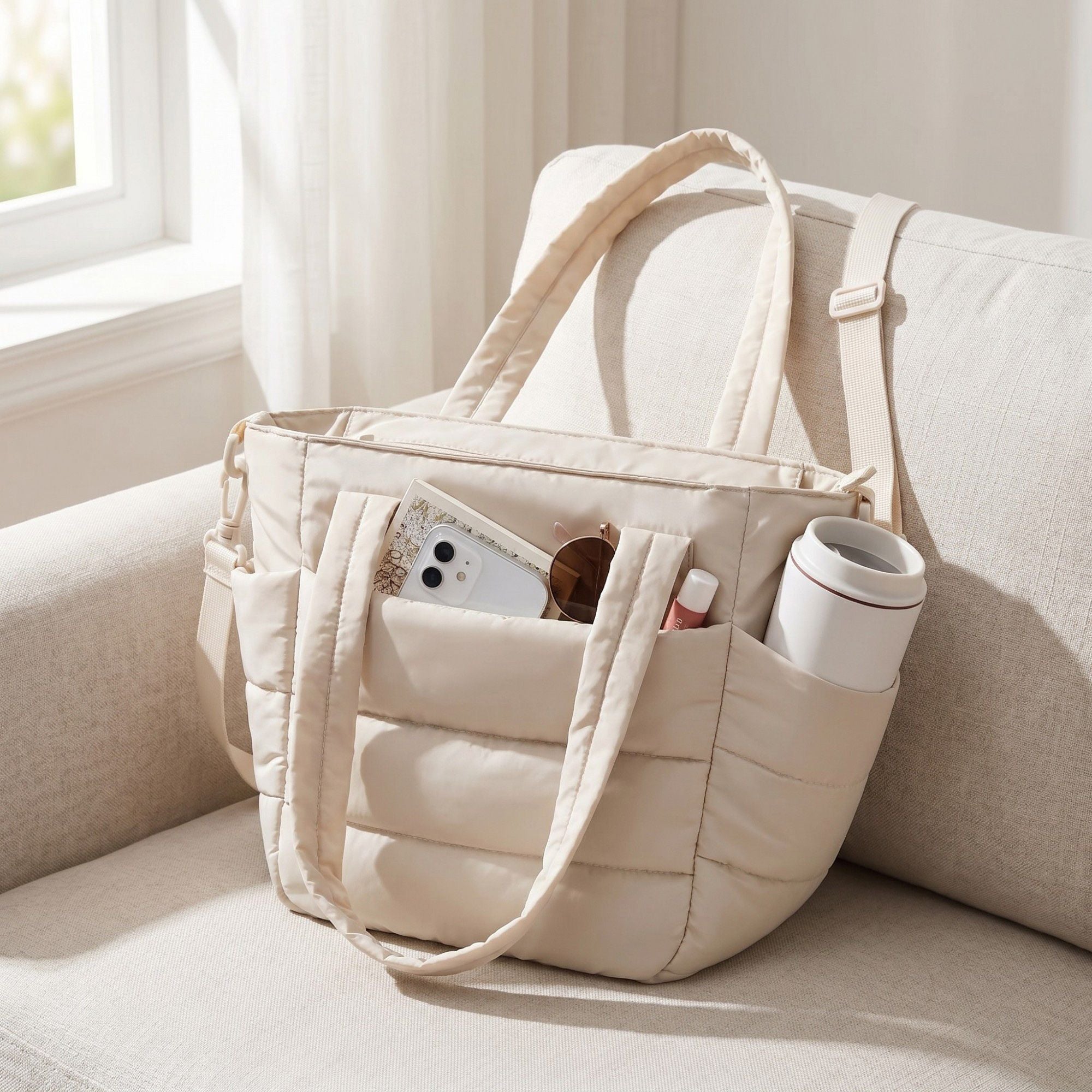 Quilted Puffer Tote Bag with Adjustable Shoulder Strap Multi Pocket Lightweight Carryall Handbag 13x6x10 in