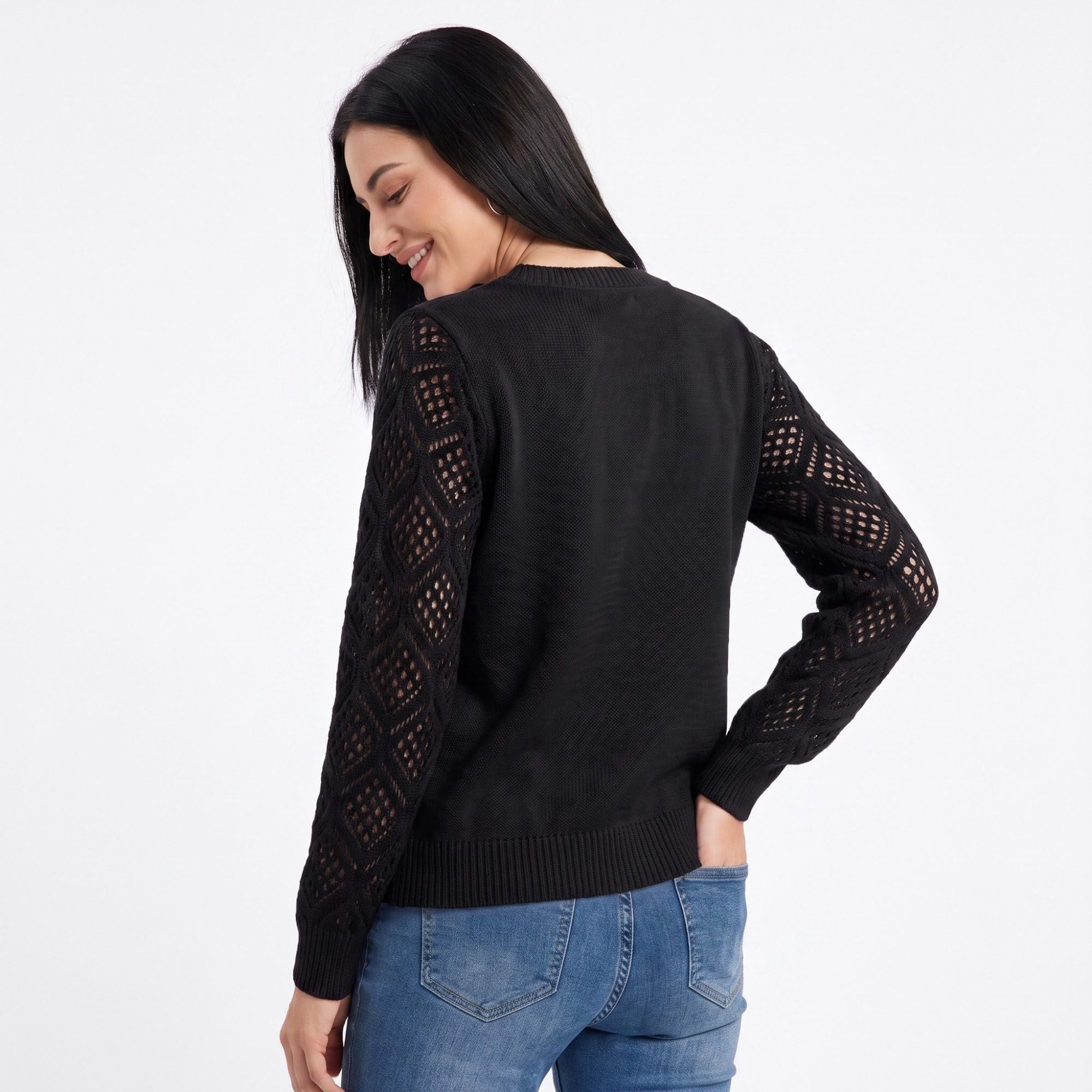 V-Neck Openwork Sleeve Long Sleeve Knit Sweater
