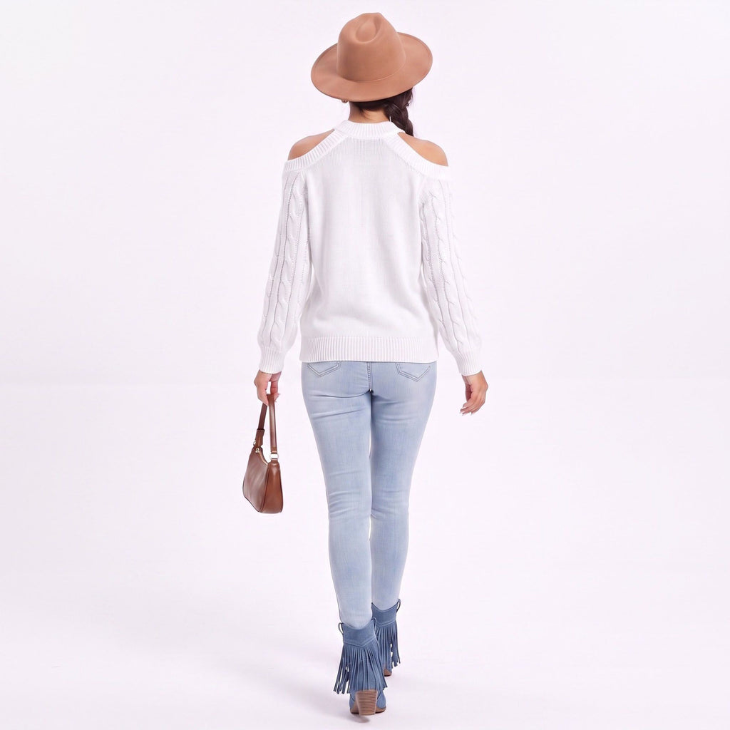 Mock Neck Cold Shoulder Cable Knit Long Sleeve Pullover Sweater
