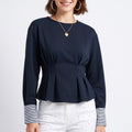 Peplum Top Crew Neck Long Sleeve Pleated Waist Contrast Stripe Cuffs