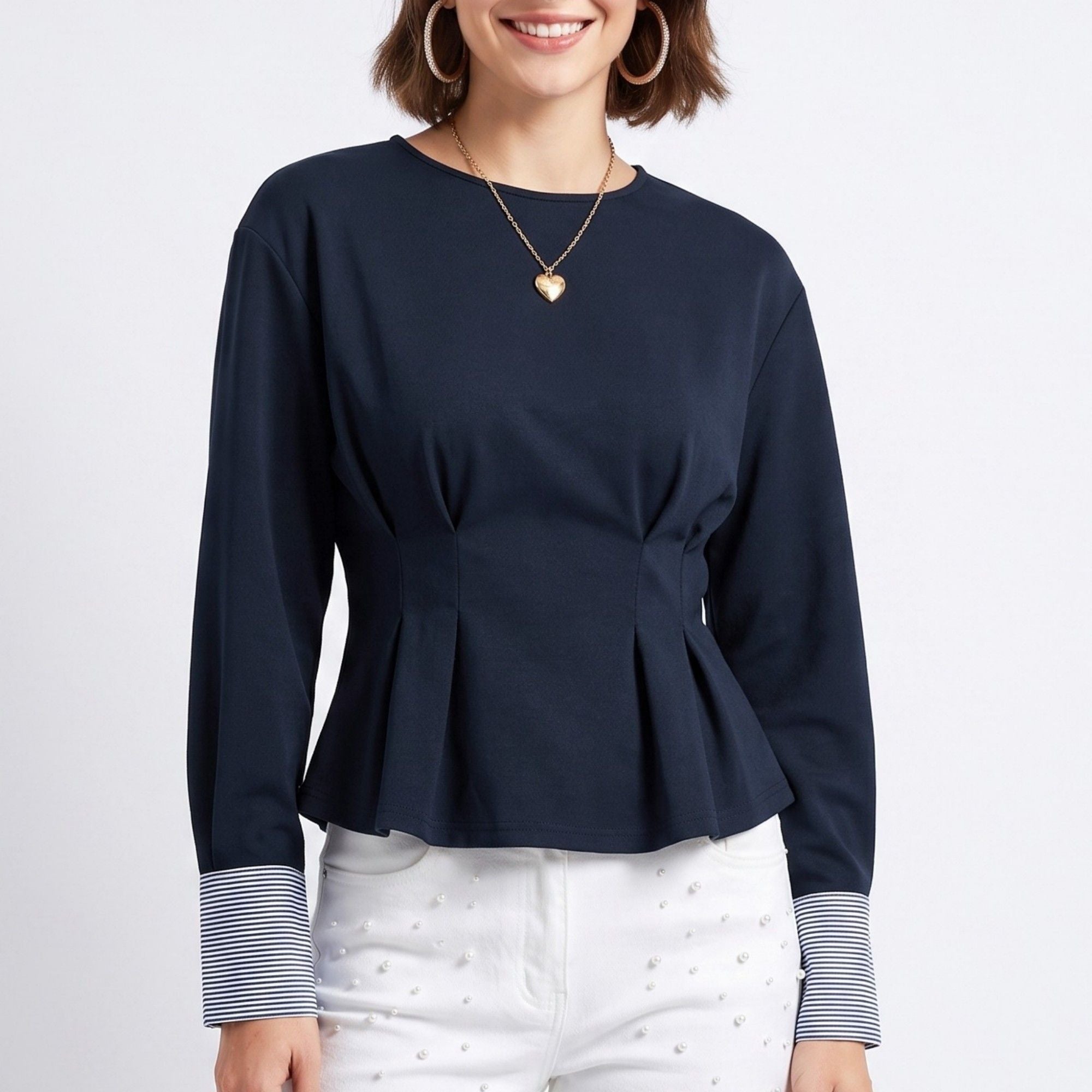 Peplum Top Crew Neck Long Sleeve Pleated Waist Contrast Stripe Cuffs