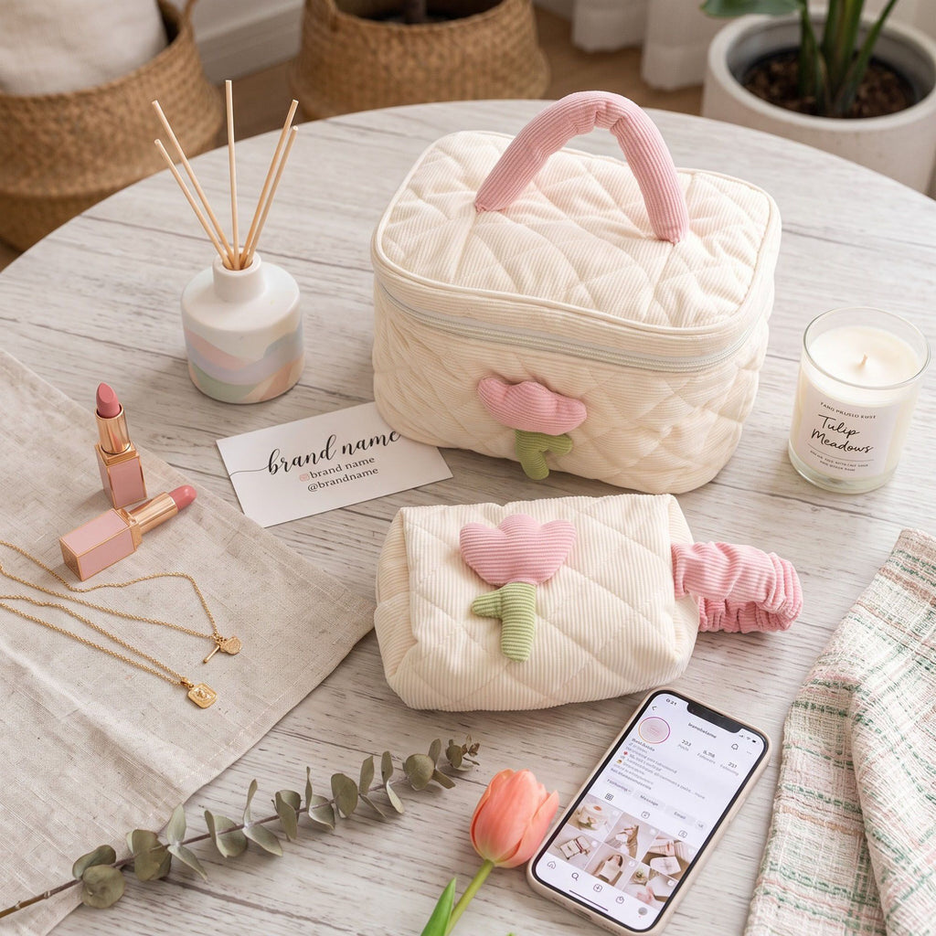 Quilted Corduroy Flower Cosmetic Bag with Top Handle