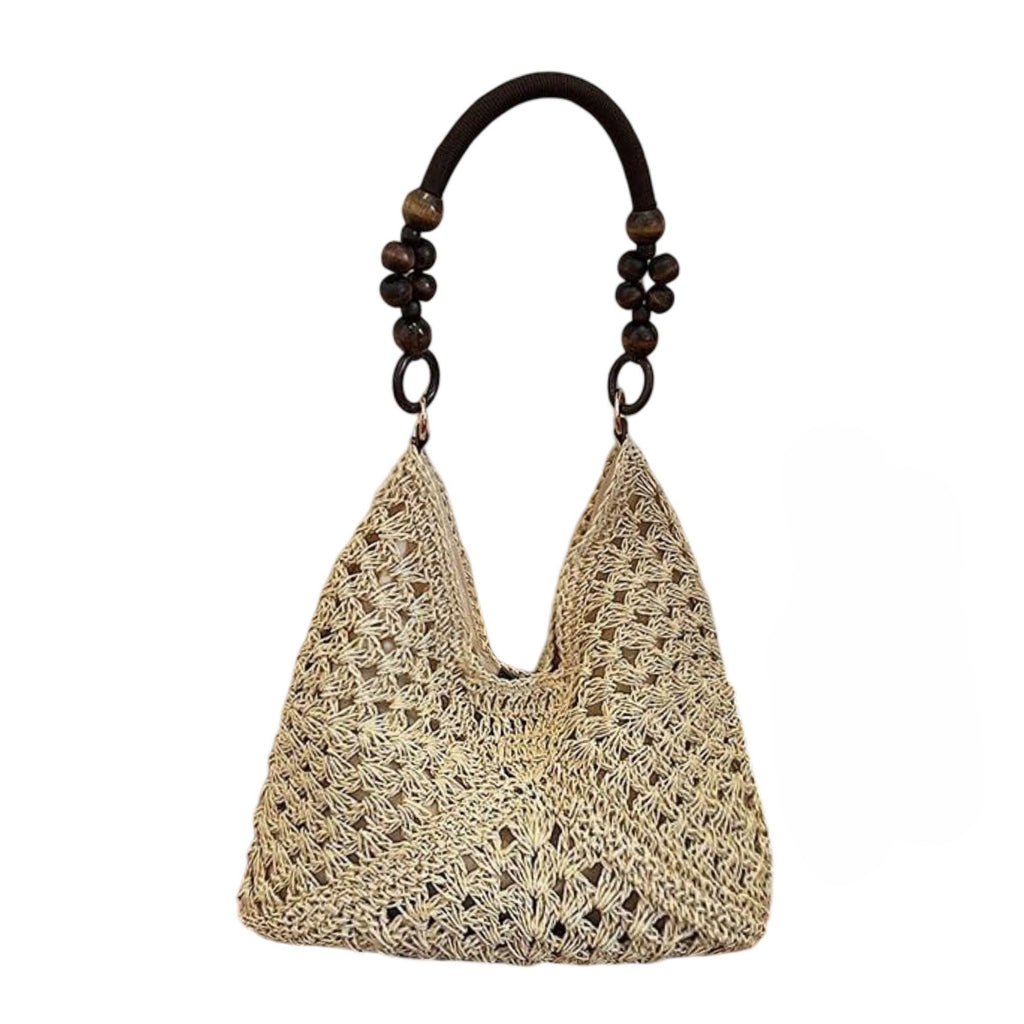 Woven Straw Hobo Bag with Wooden Handle Bead Accents and Spacious Interior