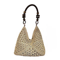 Woven Straw Hobo Bag with Wooden Handle Bead Accents and Spacious Interior
