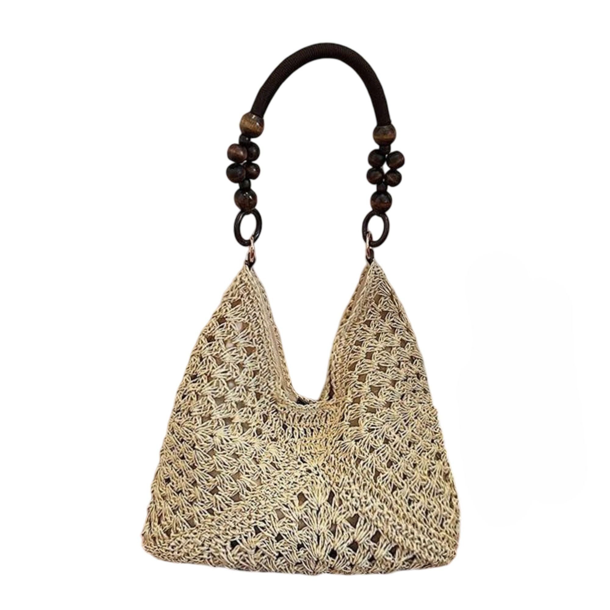 Woven Straw Hobo Bag with Wooden Handle Bead Accents and Spacious Interior