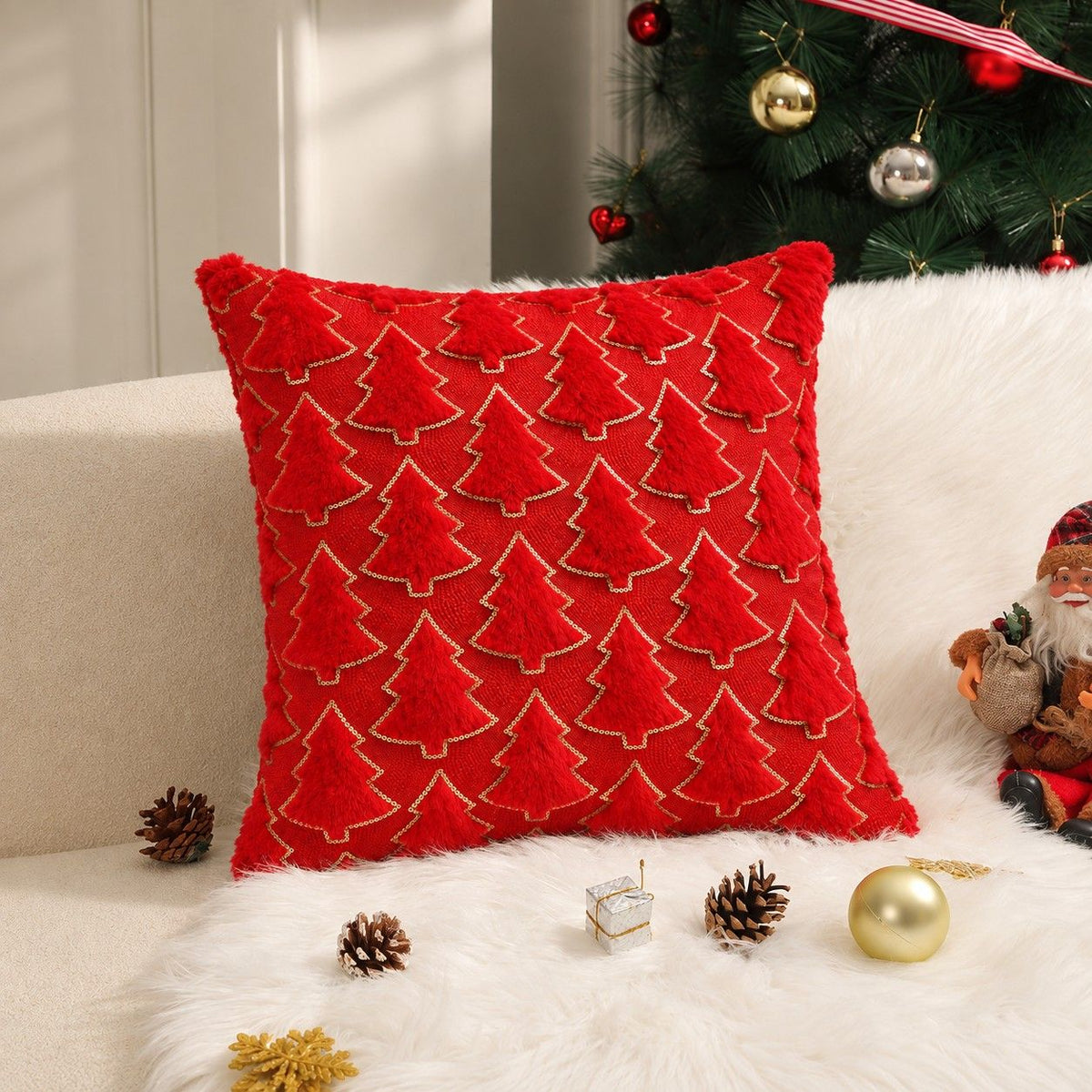 Plush Embroidered Christmas Tree Throw Pillow Cover 18 x 18 Inch Holiday Decor