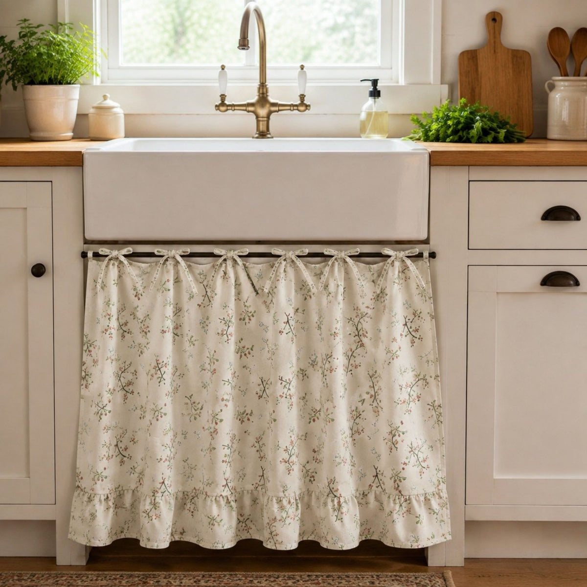 Handmade Farmhouse Floral Tie Top Cabinet Curtain Decor