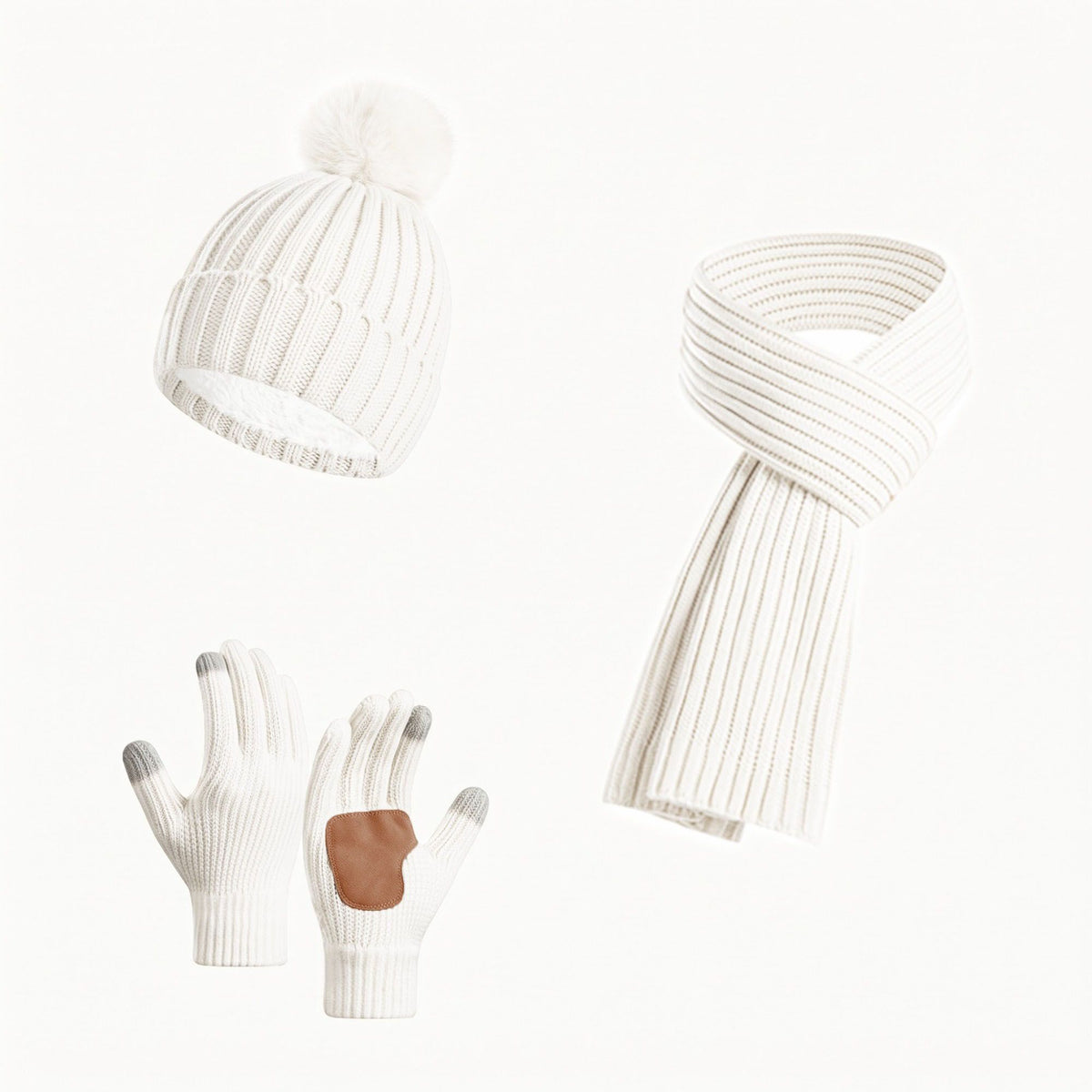 3 Piece Pom Beanie Scarf and Touchscreen Gloves Winter Set