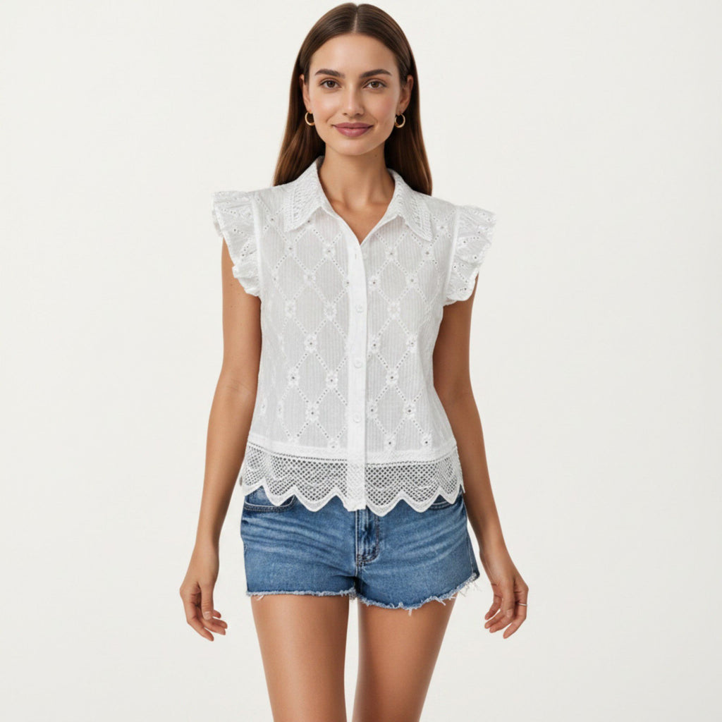 Anna-Kaci Women's Sleeveless Button Front Eyelet Top with Ruffle Shoulders and Scalloped Hem