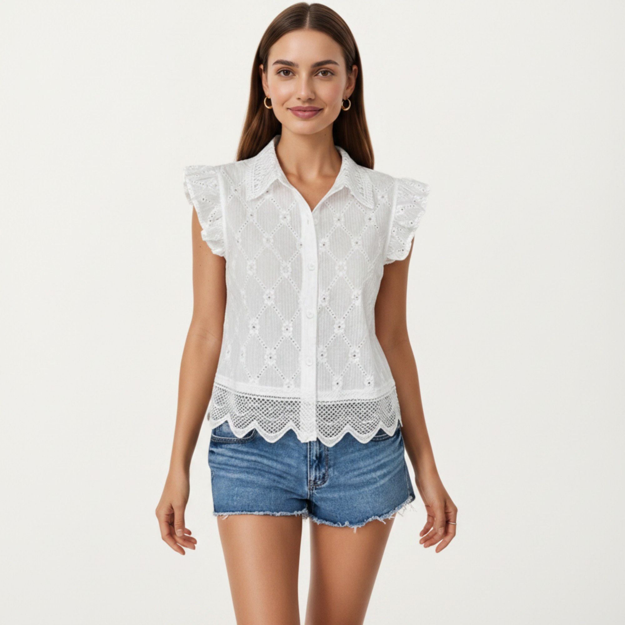 Anna-Kaci Women's Sleeveless Button Front Eyelet Top with Ruffle Shoulders and Scalloped Hem