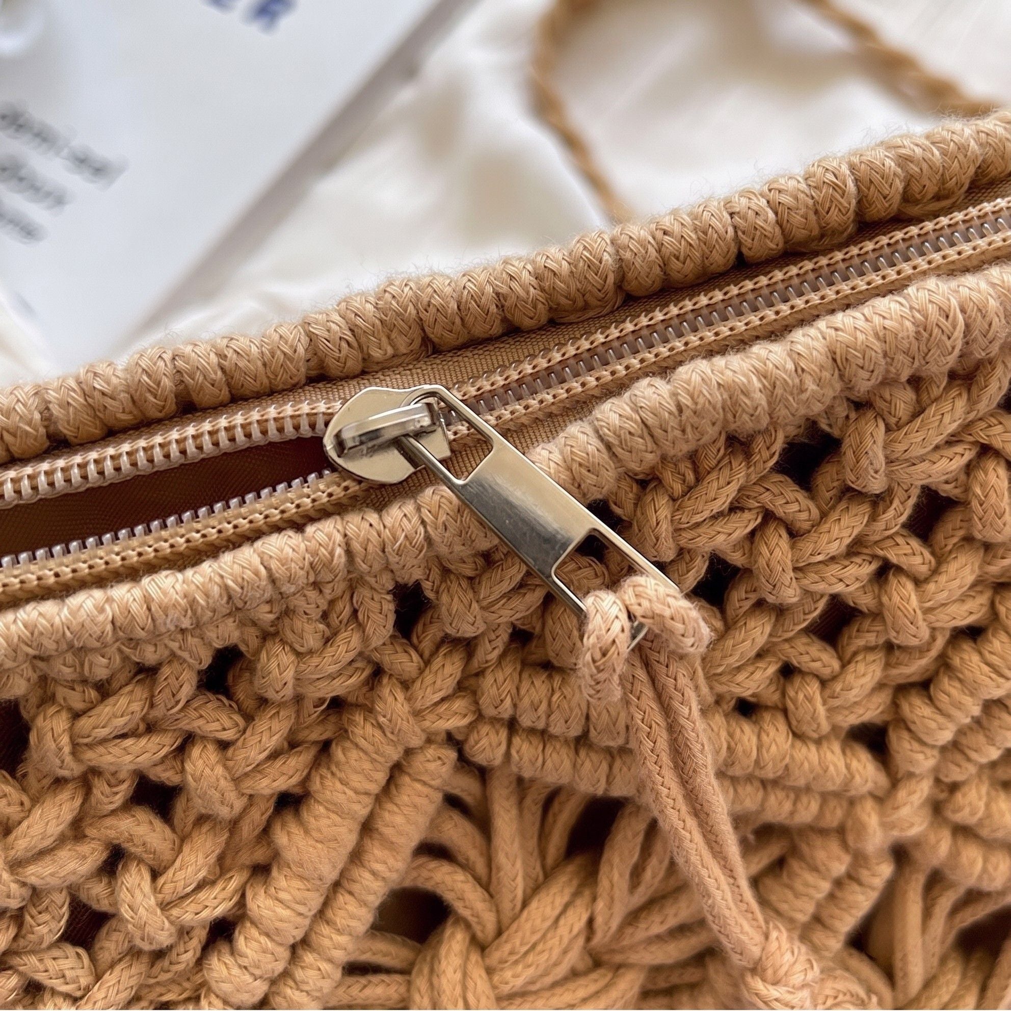 Macrame Crossbody Bag with Zip Closure and Interior Slip Pocket