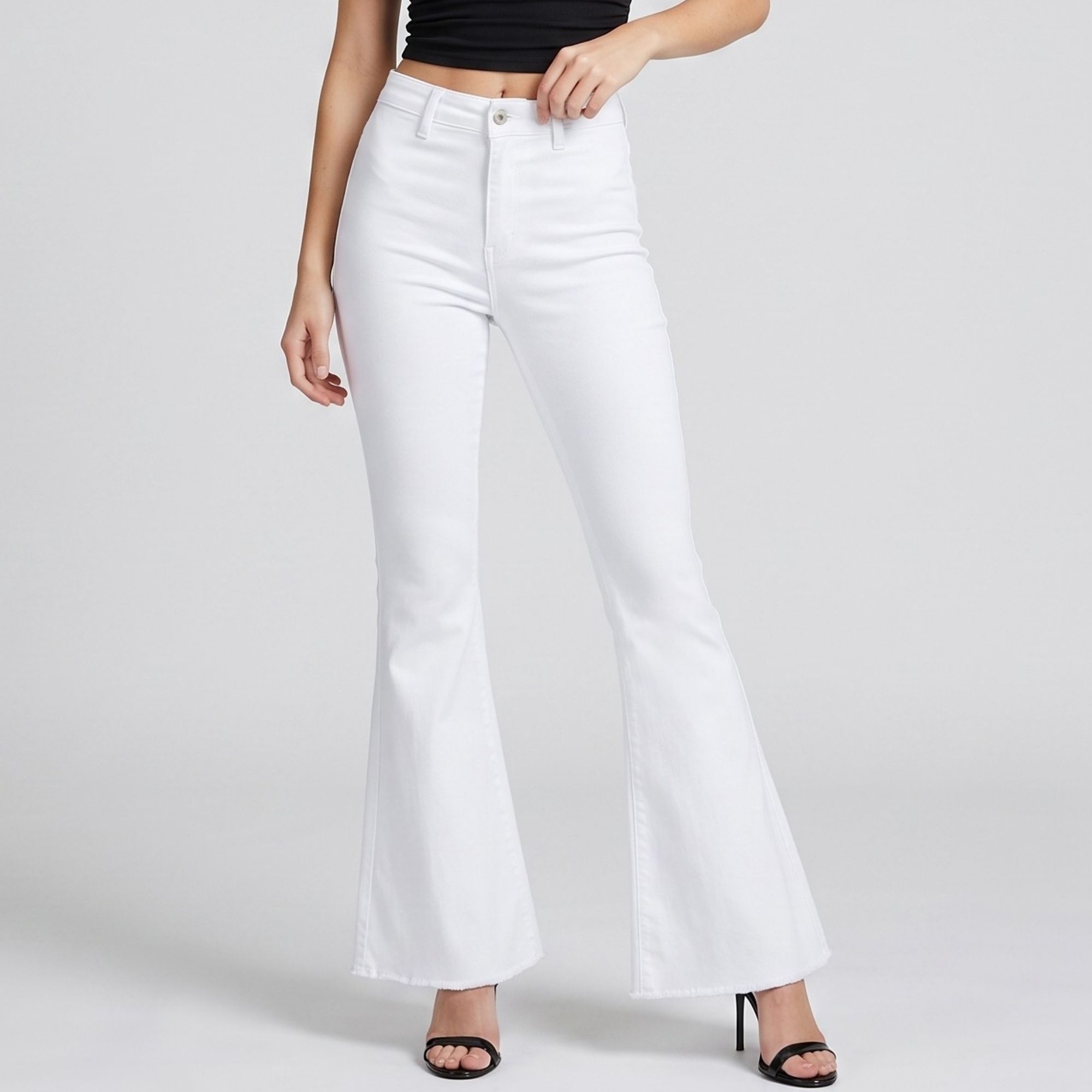 High Rise Flare Pants Button Front Stretch Wide Leg Hem Pants