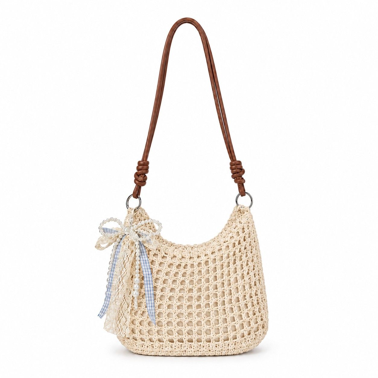 Decorative Woven Crossbody Bag with Pearl Charm, Scarf Accent and Zip Closure