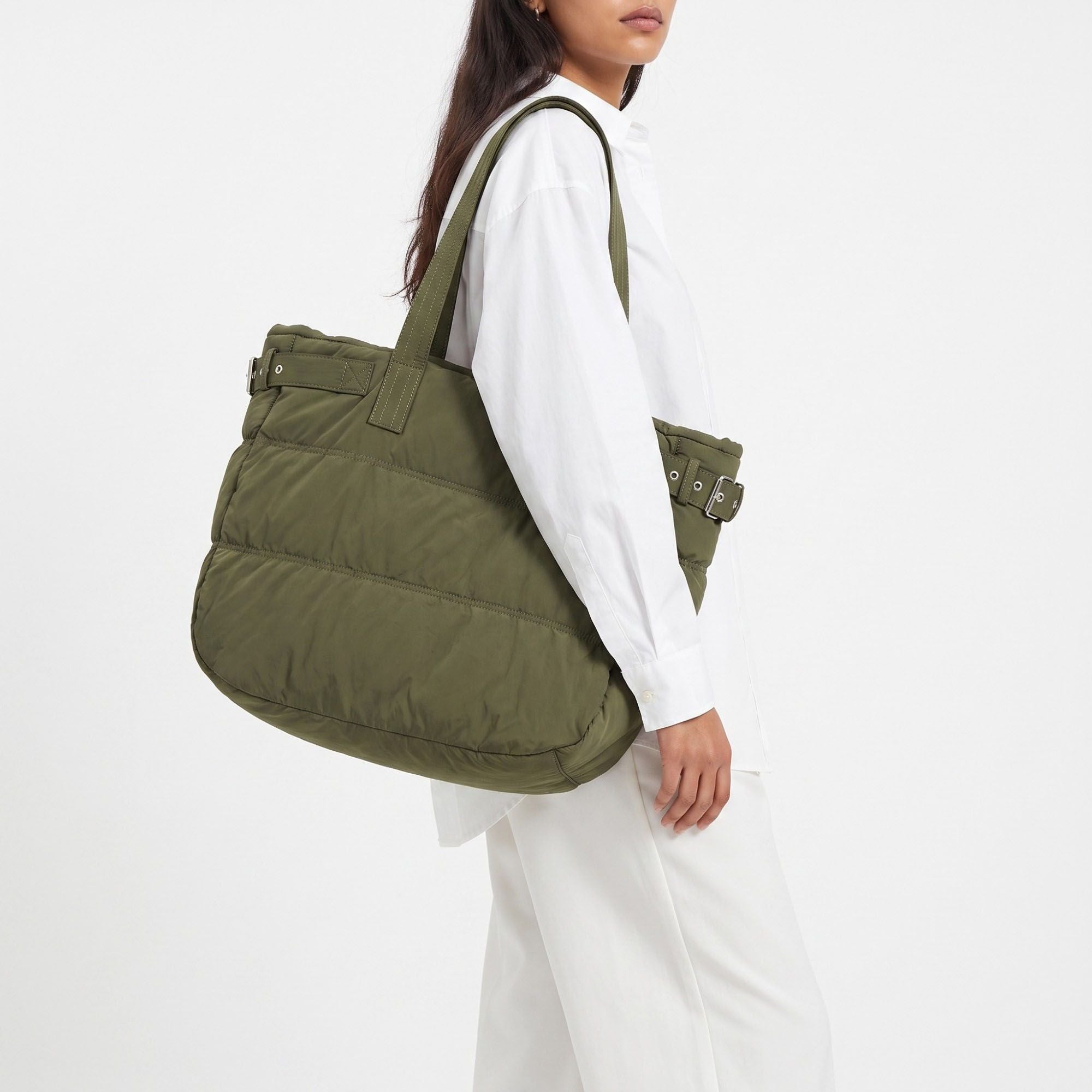 Oversized Puffer Tote Bag with Long Shoulder Straps and Side Buckle Details 13.5x14x4.5in