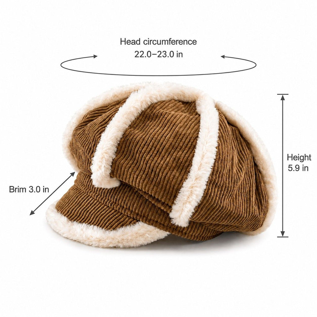 Corduroy Newsboy Cap Faux Fur Trim Baker Boy Hat Warm Casual Style