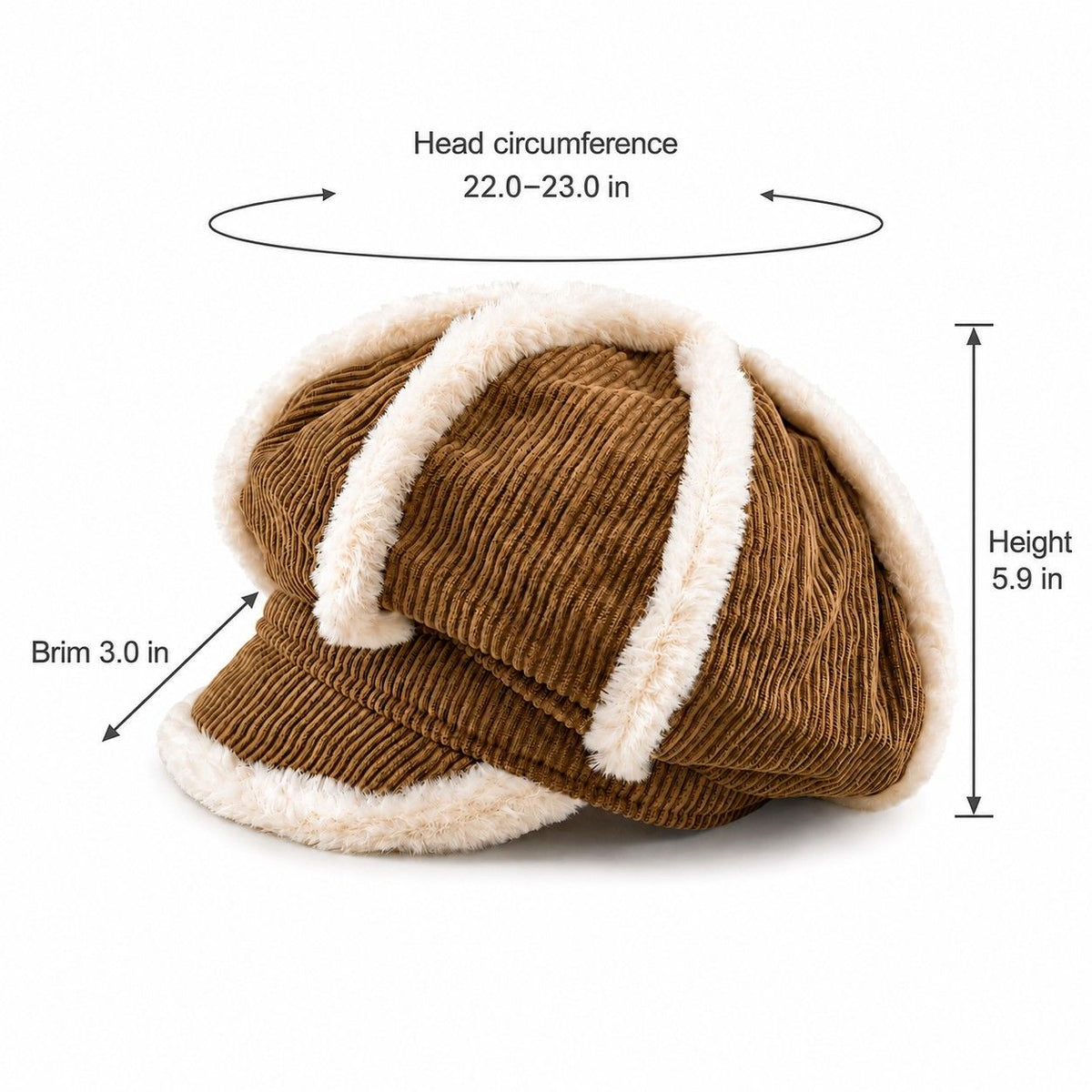 Corduroy Newsboy Cap Faux Fur Trim Baker Boy Hat Warm Casual Style