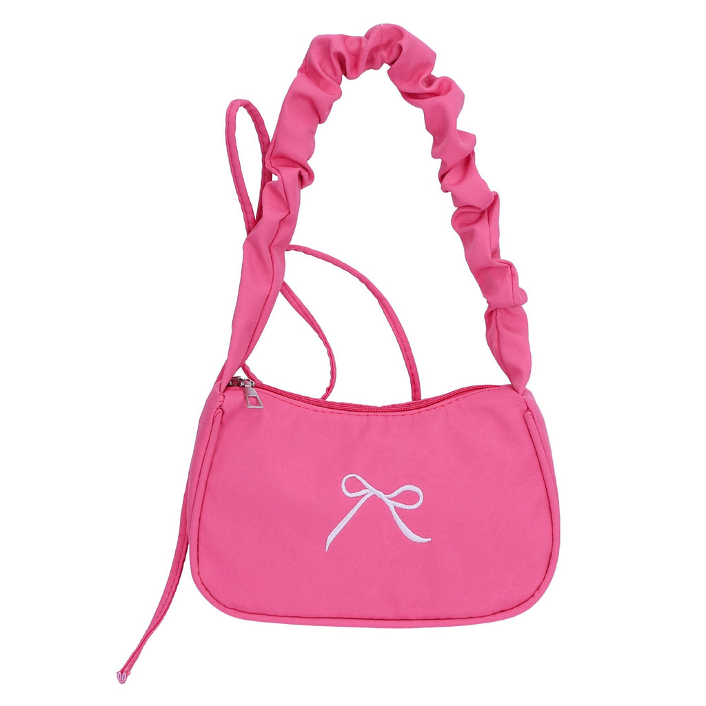 Small Bow Embroidered Shoulder Bag with Ruched Strap and Zip Closure