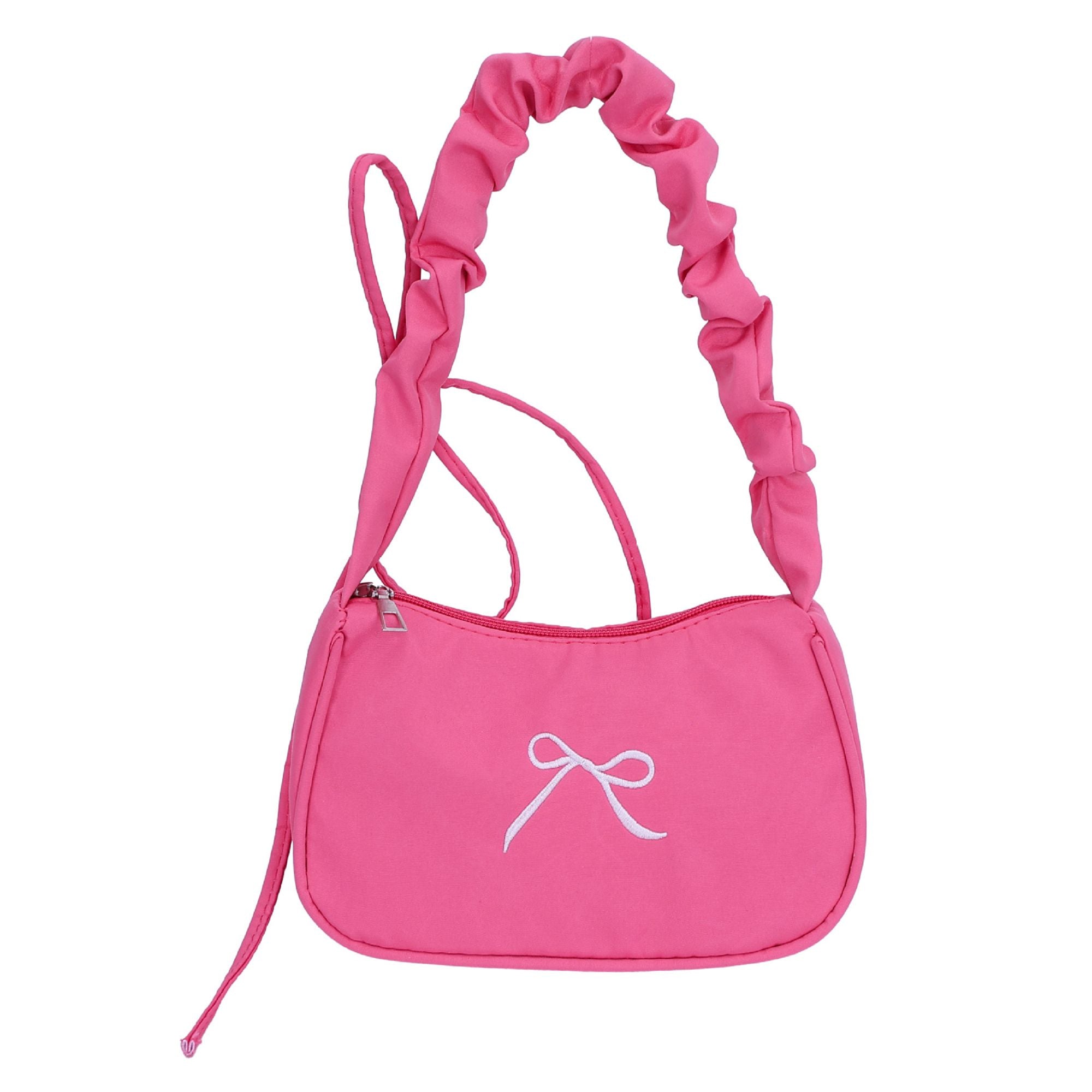 Small Bow Embroidered Shoulder Bag with Ruched Strap and Zip Closure