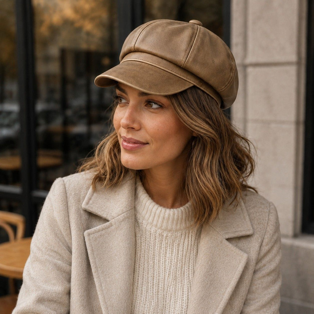 Faux Leather Newsboy Cap Vintage Eight Panel Baker Boy Hat Distressed Style