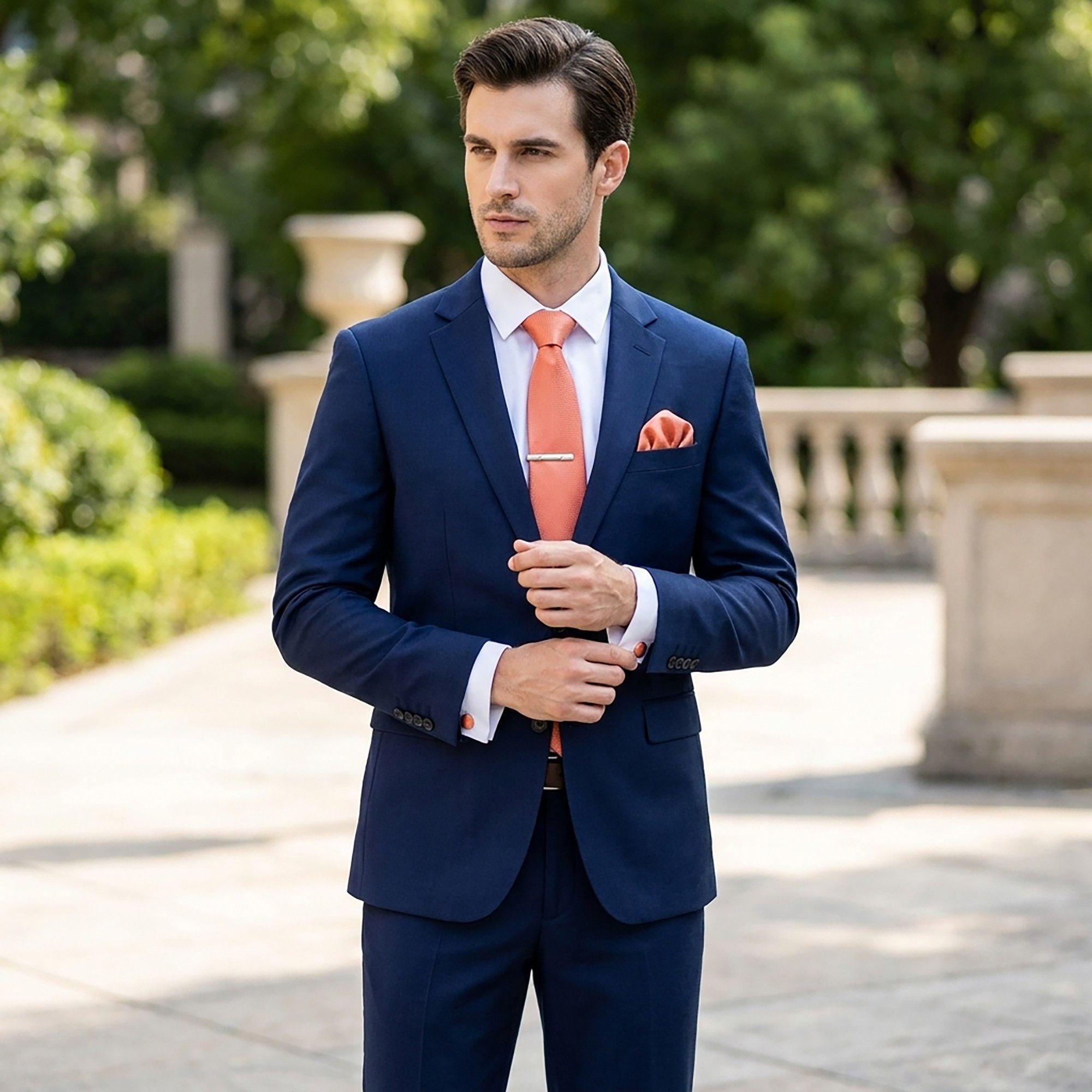 Men's Textured Solid Color Tie Gift Set with Matching Pocket Square Cufflinks and Silver Tie Clip