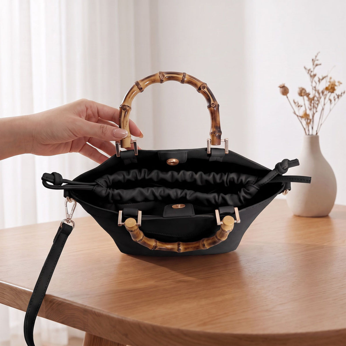 Bamboo Handle Satchel Bag with Detachable Shoulder Strap