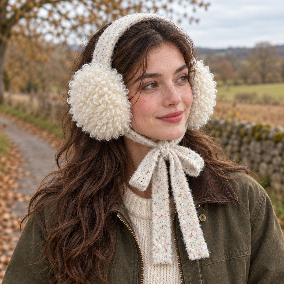 Curly Plush Winter Earmuffs with Speckled Knit Ties