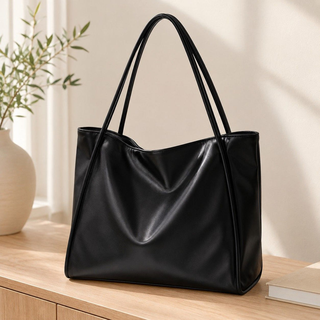 Large Faux Leather Tote Bag with Double Shoulder Straps and Magnetic Closure