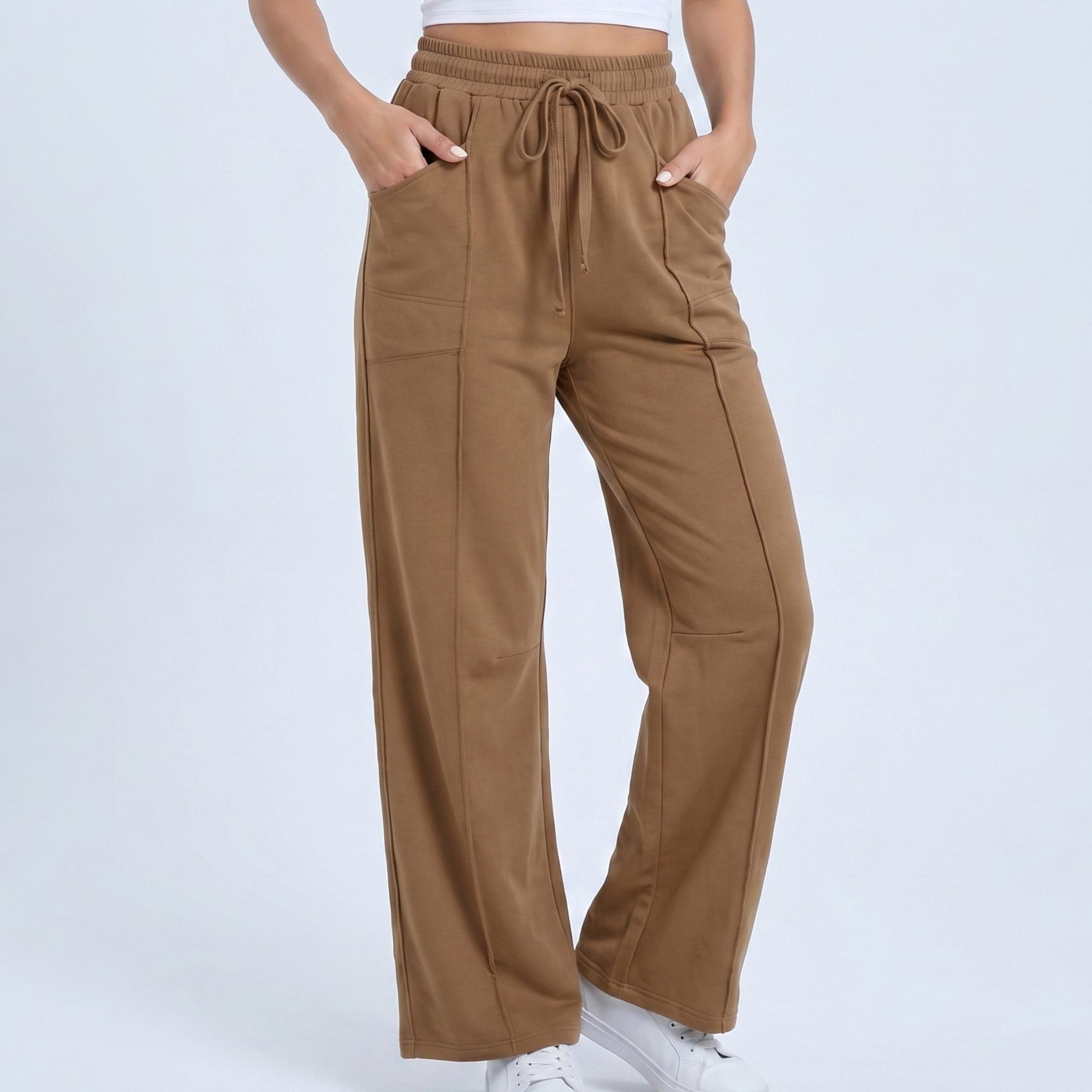 Anna-Kaci Women's High Rise Drawstring Wide Leg Utility Pants with Patch Pockets