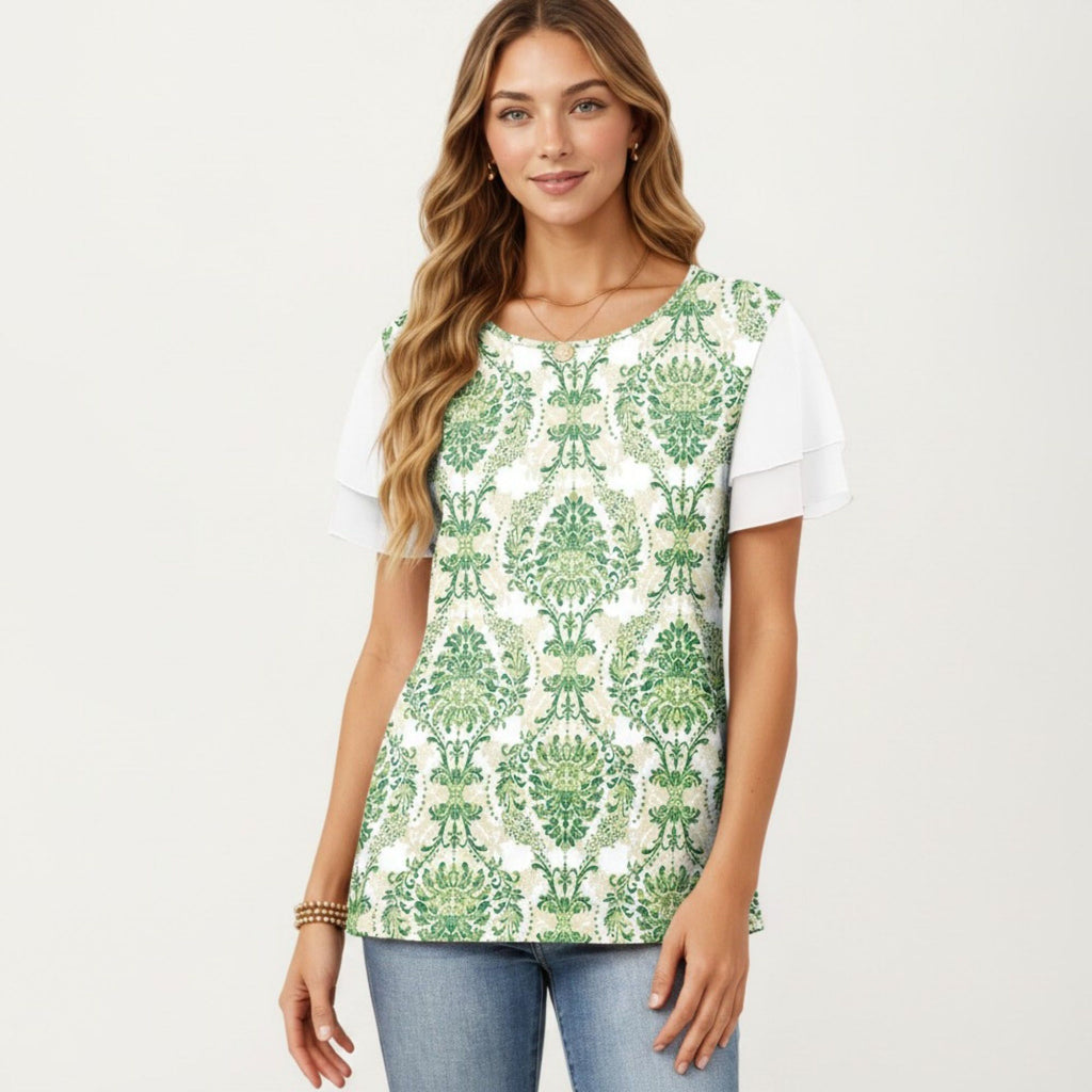 Anna-Kaci Women's Short Sleeve Top with Leopard Print Mesh Sleeves Round Neck Relaxed Fit Casual Shirt