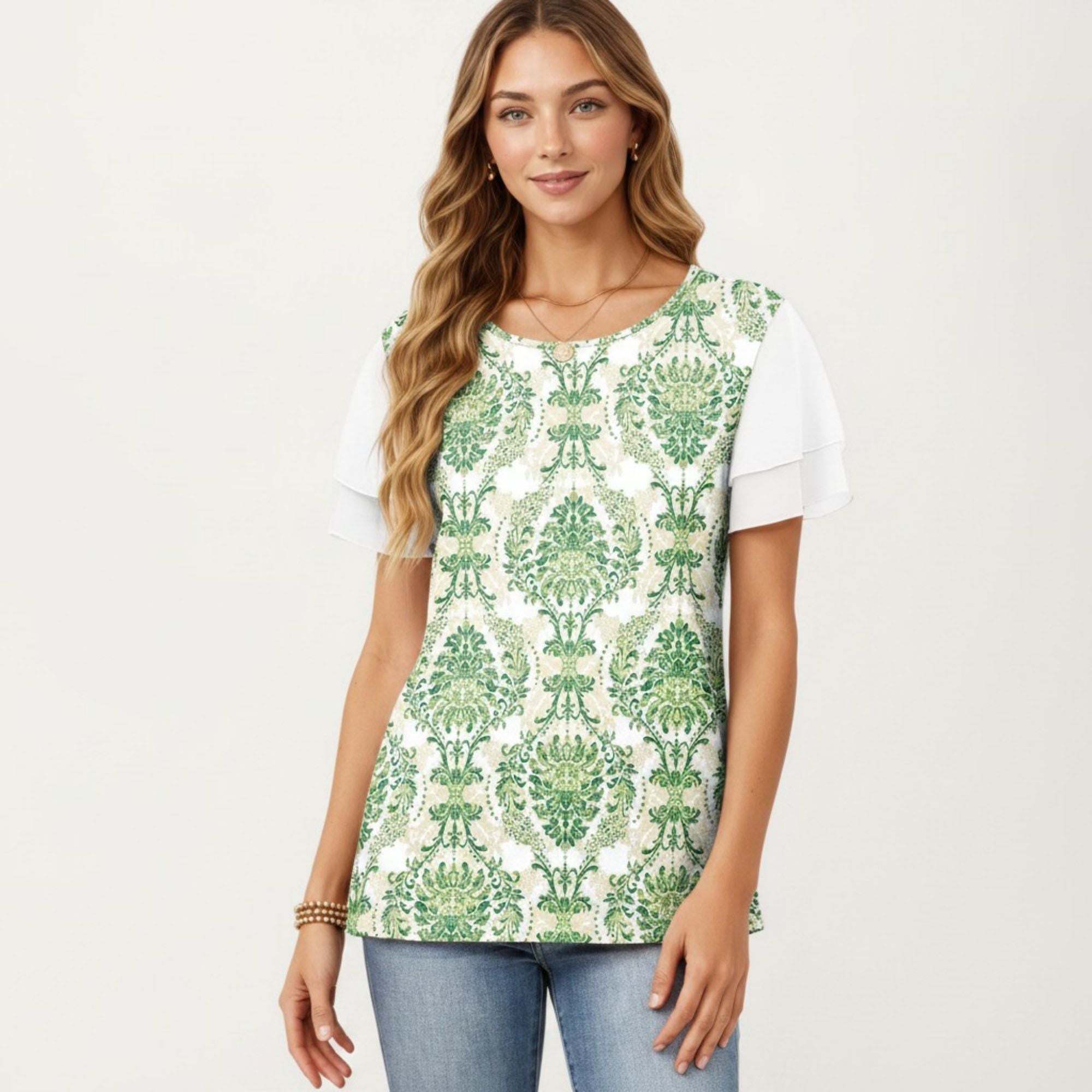 Anna-Kaci Women's Short Sleeve Top with Leopard Print Mesh Sleeves Round Neck Relaxed Fit Casual Shirt