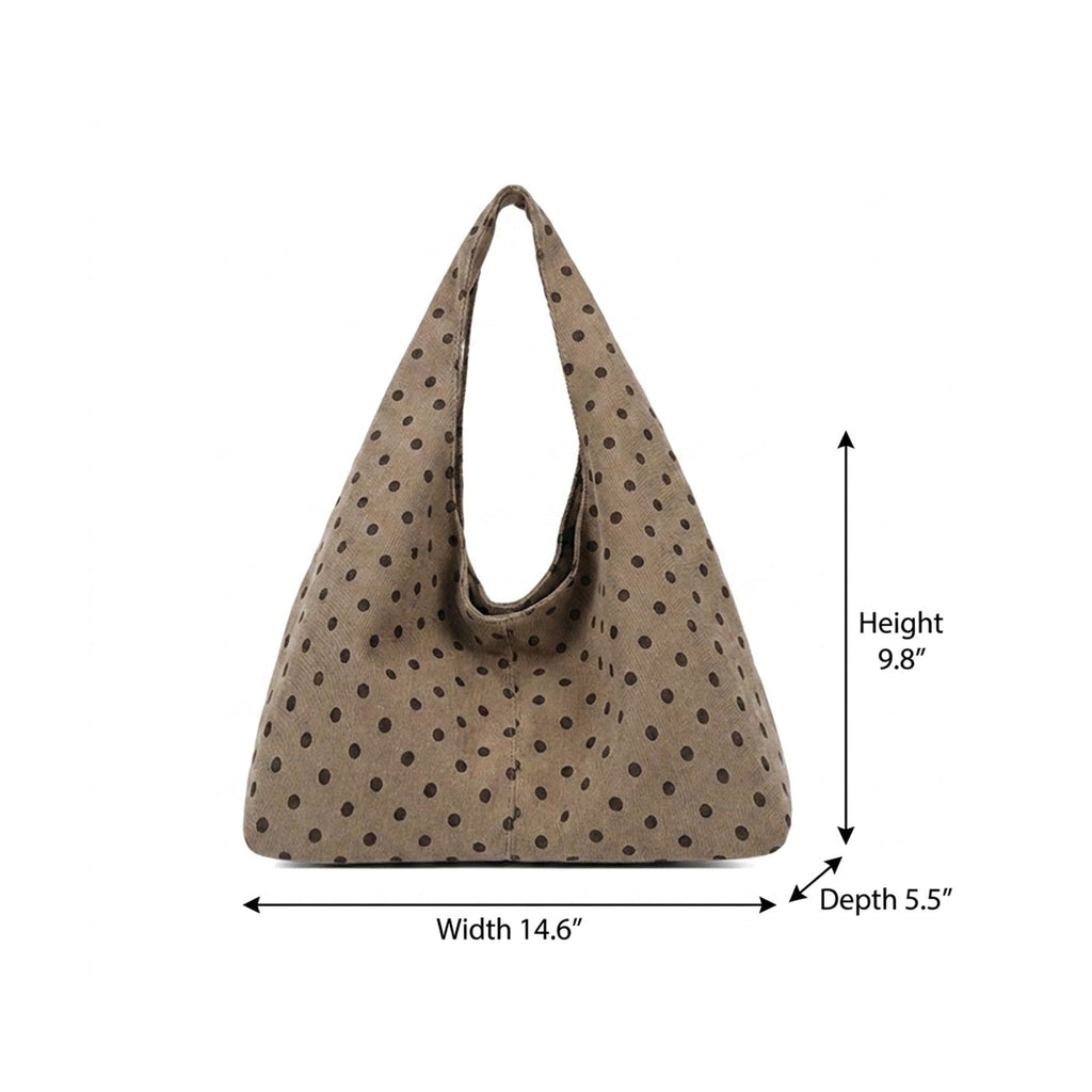 Polka Dot Corduroy Hobo Shoulder Bag with Wide Strap and Interior Pockets