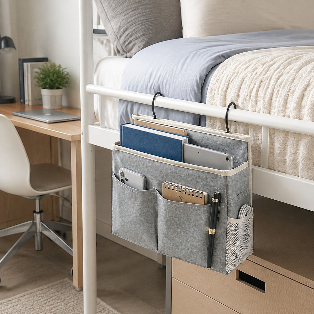 Hanging Bedside Storage Caddy with Hooks and Multiple Pockets Bed Rail Organizer