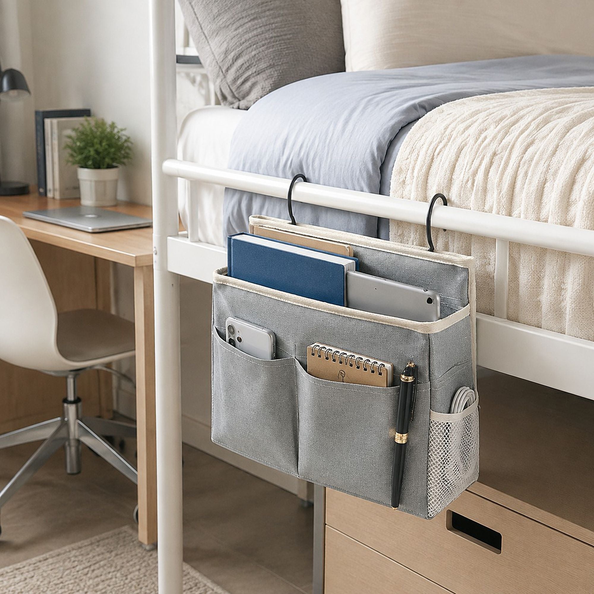 Hanging Bedside Storage Caddy with Hooks and Multiple Pockets Bed Rail Organizer