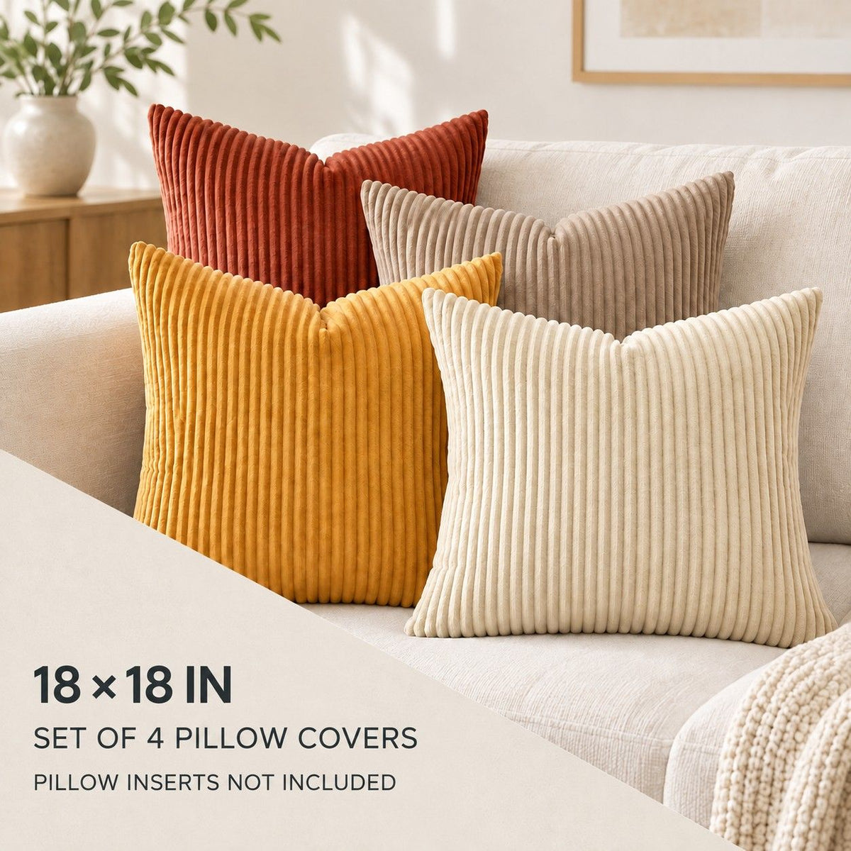 4 Pack Corduroy Throw Pillow Covers 18 x 18 Inch Wide Stripe Texture