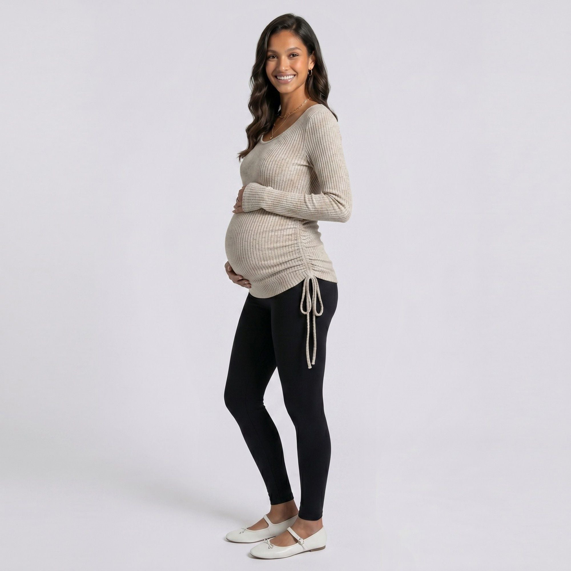 Anna-Kaci Women's Maternity Ribbed Long Sleeve Top with Scoop Neck and Side Ruched Tie Detail