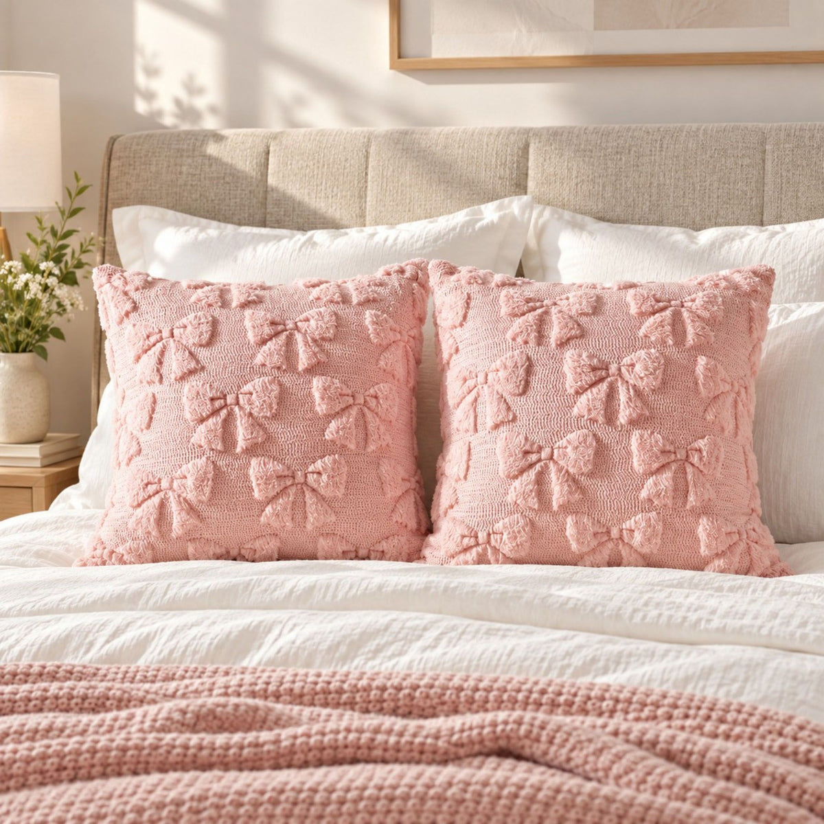 2 Pack Tufted Bow Heart Decorative Throw Pillow Covers Soft Textured Cushion Covers