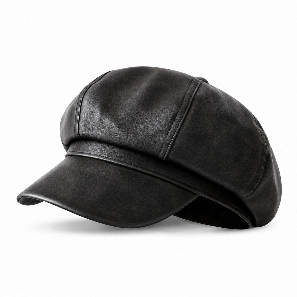 Faux Leather Newsboy Cap Vintage Eight Panel Baker Boy Hat Distressed Style