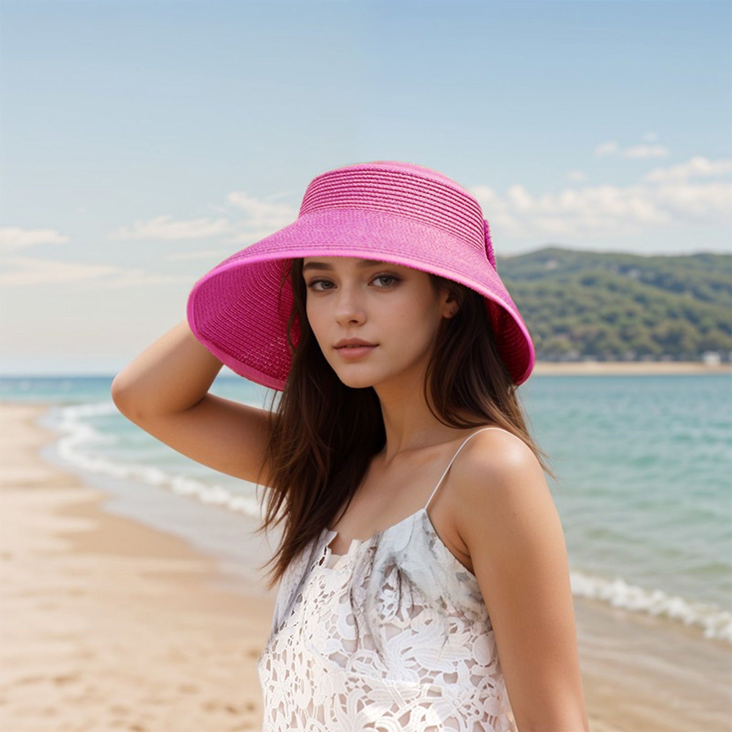 Anna-Kaci Women's Wide Brim Visor Hat with Bow Detail Adjustable Velcro Closure for Beach or Outdoor Protection