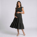 Pink women's midi dress with cap sleeve, crew neck and tiered