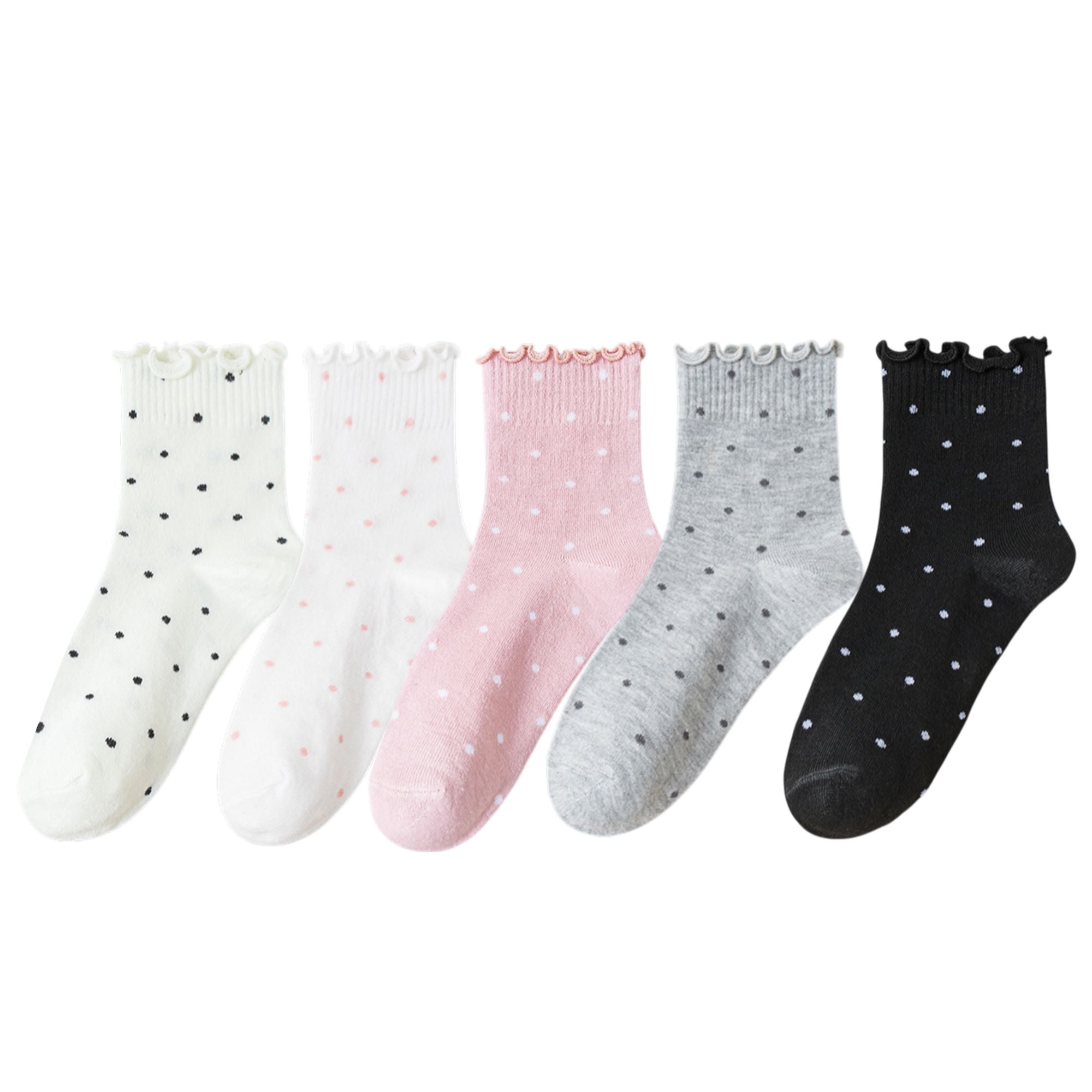 Anna-Kaci Women's Polka Dot Ankle Socks Set Soft Cotton Blend Ruffle Trim Cuff Multiple Color Combos 5 Pairs