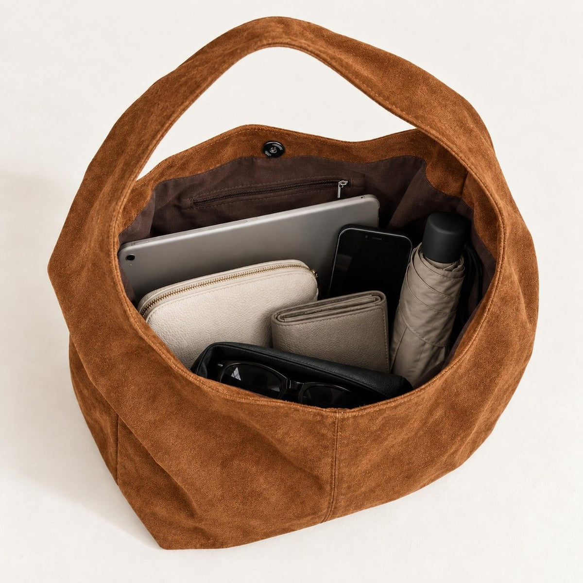 Large Faux Suede Hobo Shoulder Bag with Magnetic Closure and Interior Zip Pocket