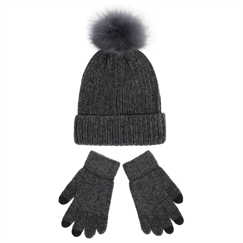Anna-Kaci Knit Beanie and Touchscreen Gloves 2-Piece Winter Accessory Set with Ribbed Cuff Design and Fluffy Pom Pom Detail