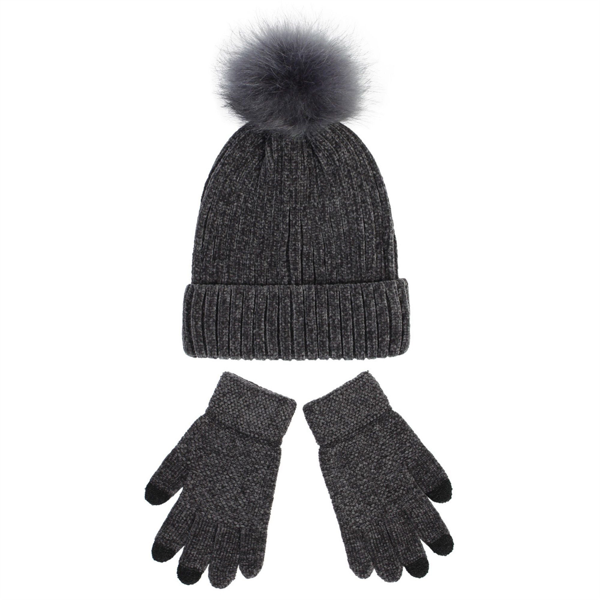 Anna-Kaci Knit Beanie and Touchscreen Gloves 2-Piece Winter Accessory Set with Ribbed Cuff Design and Fluffy Pom Pom Detail