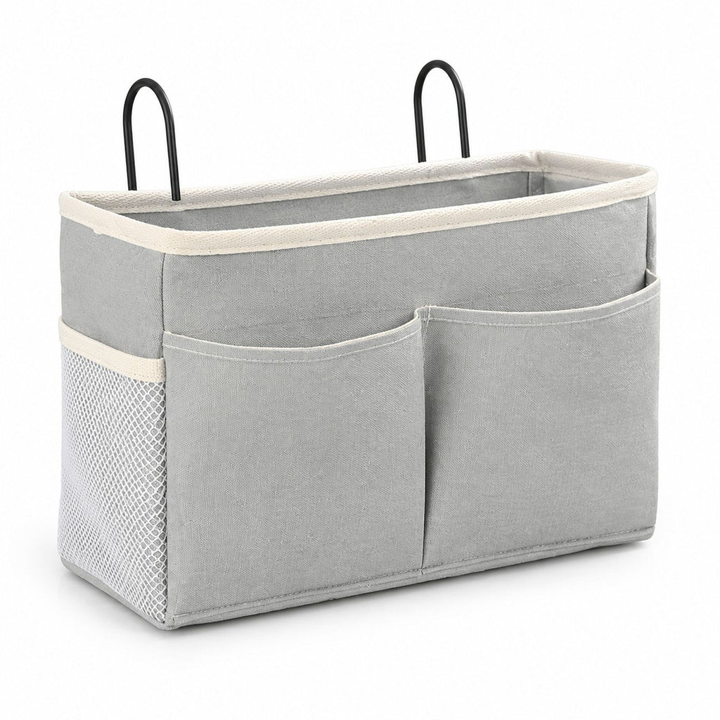 Hanging Bedside Storage Caddy with Hooks and Multiple Pockets Bed Rail Organizer